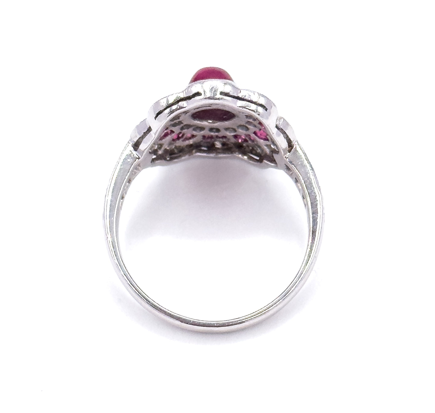 Vintage Ruby Cabochon & Diamond Flower ring in 18K White Gold