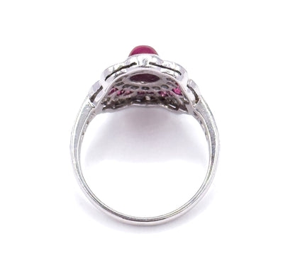 Vintage Ruby Cabochon & Diamond Flower ring in 18K White Gold