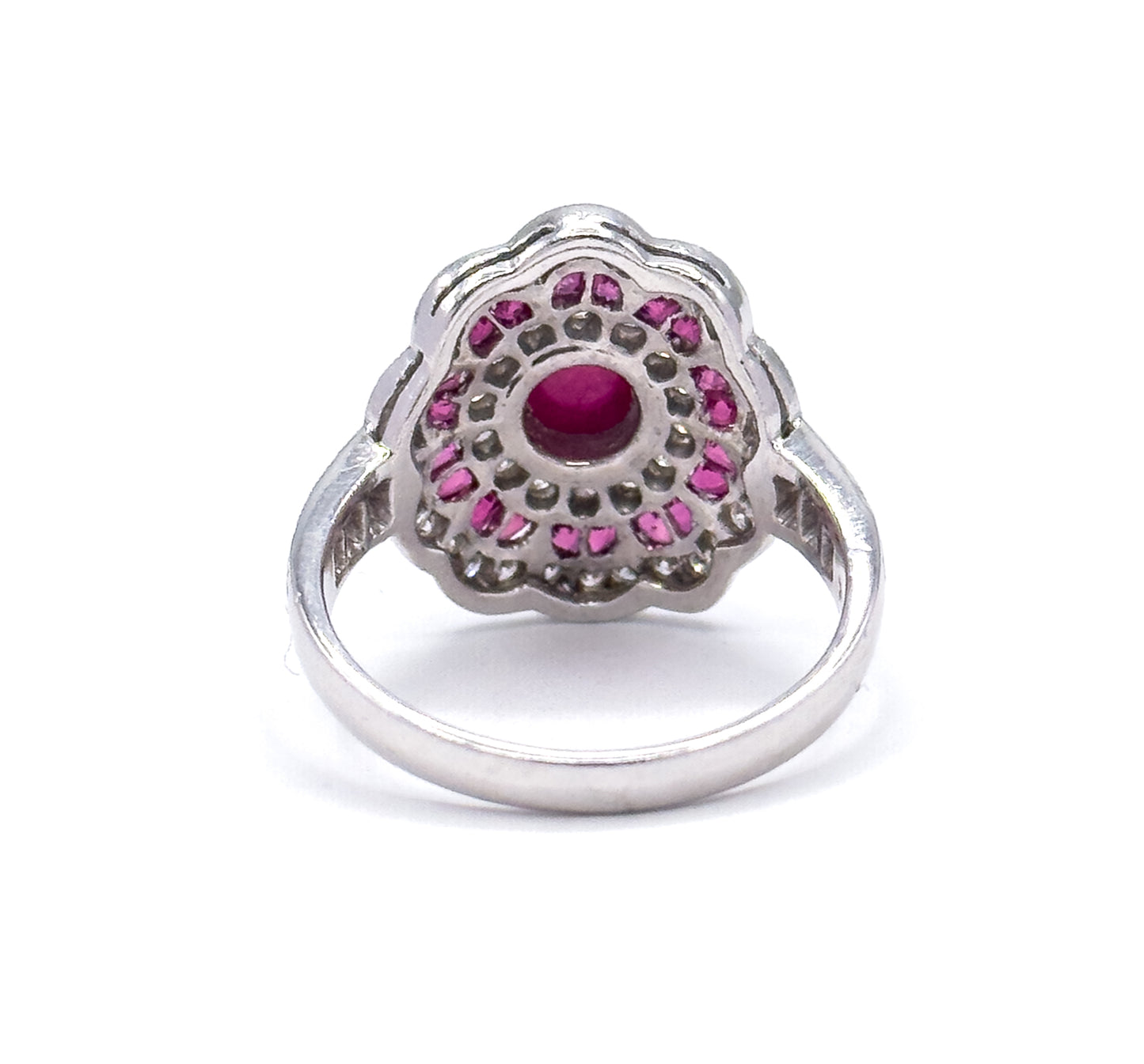 Vintage Ruby Cabochon & Diamond Flower ring in 18K White Gold