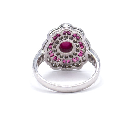 Vintage Ruby Cabochon & Diamond Flower ring in 18K White Gold