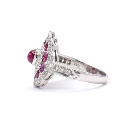 Vintage Ruby Cabochon & Diamond Flower ring in 18K White Gold