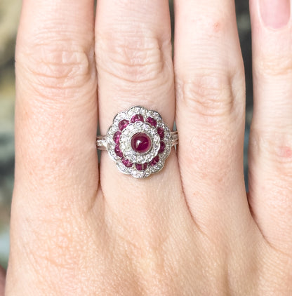 Vintage Ruby Cabochon & Diamond Flower ring in 18K White Gold