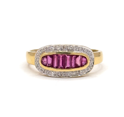 Vintage Baguette Ruby & Diamond Saddle Ring in 18K Gold