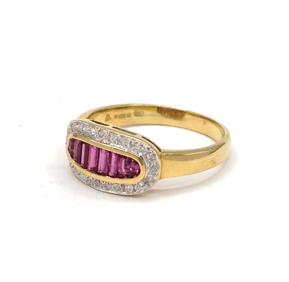 Vintage Baguette Ruby & Diamond Saddle Ring in 18K Gold