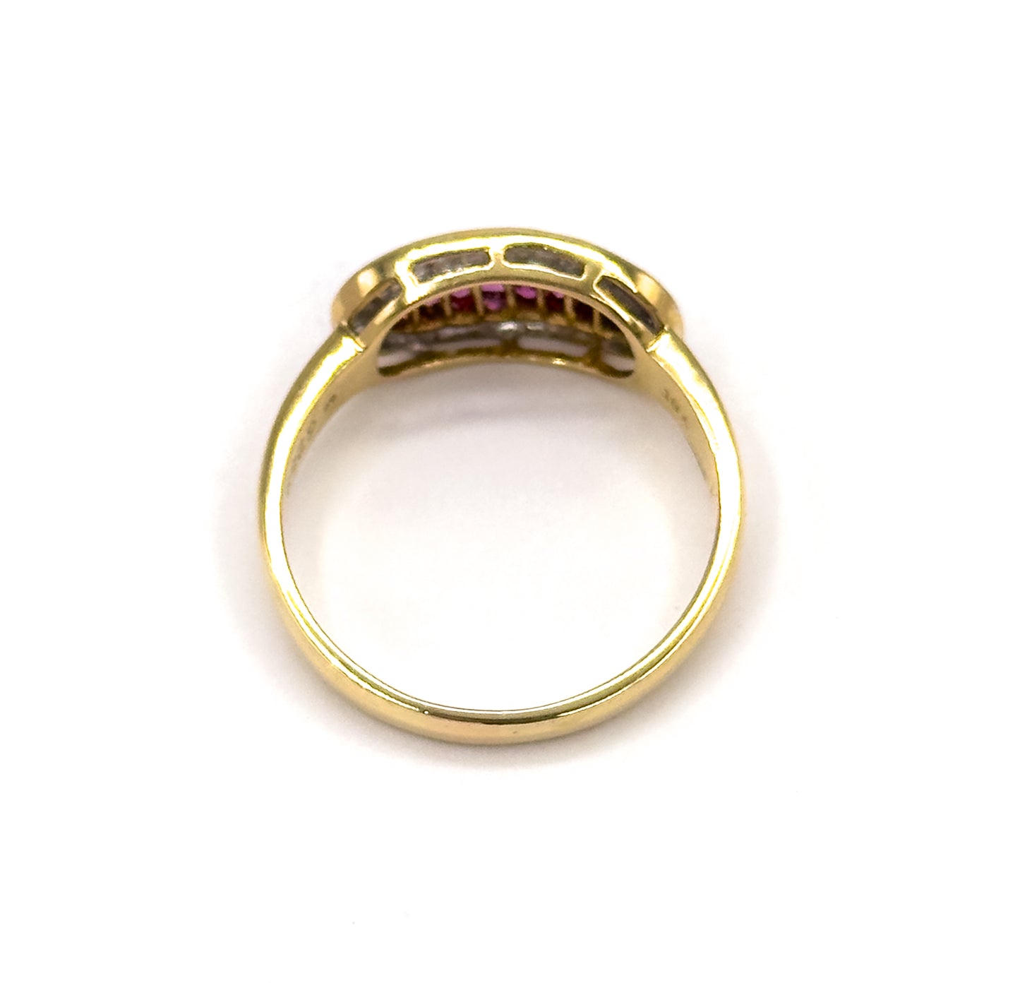 Vintage Baguette Ruby & Diamond Saddle Ring in 18K Gold