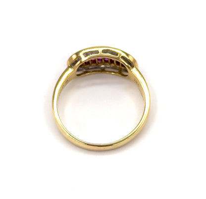 Vintage Baguette Ruby & Diamond Saddle Ring in 18K Gold