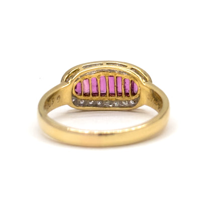 Vintage Baguette Ruby & Diamond Saddle Ring in 18K Gold