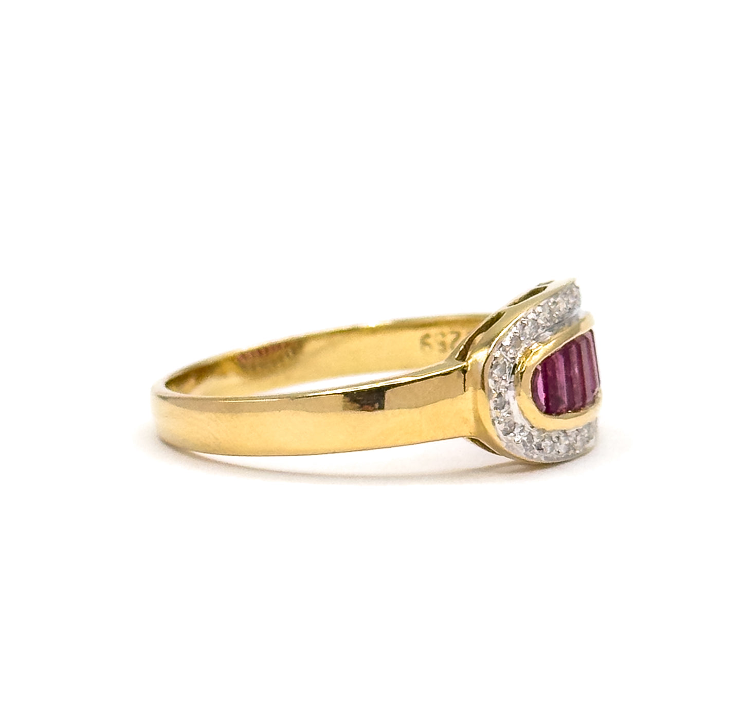 Vintage Baguette Ruby & Diamond Saddle Ring in 18K Gold