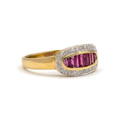 Vintage Baguette Ruby & Diamond Saddle Ring in 18K Gold