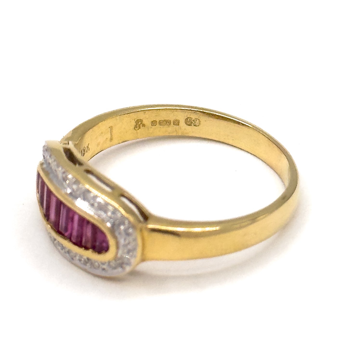 Vintage Baguette Ruby & Diamond Saddle Ring in 18K Gold