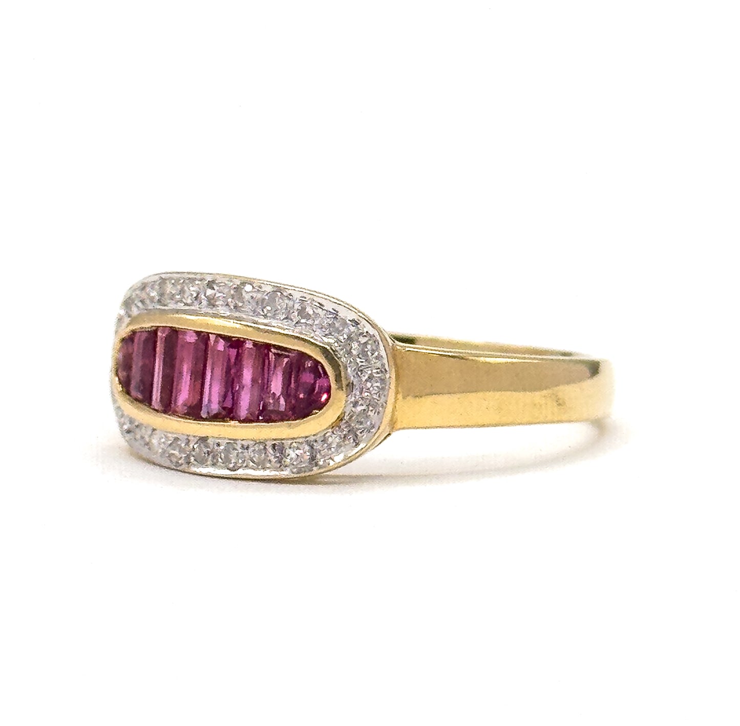 Vintage Baguette Ruby & Diamond Saddle Ring in 18K Gold