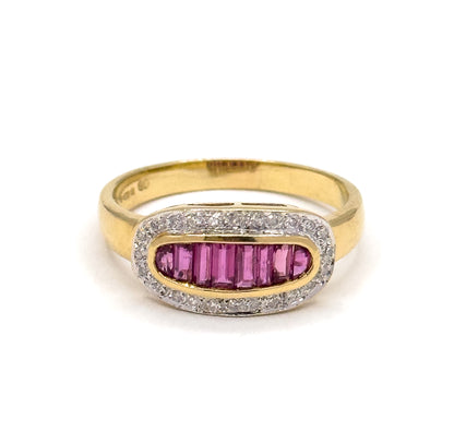Vintage Baguette Ruby & Diamond Saddle Ring in 18K Gold
