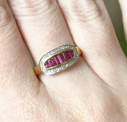 Vintage Baguette Ruby & Diamond Saddle Ring in 18K Gold