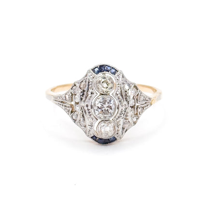 Antique Diamond & Sapphire Ring in 18K Two Tone Gold