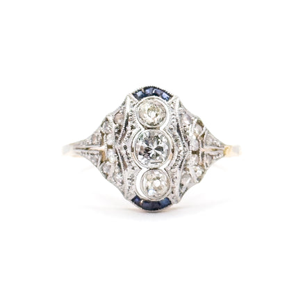 Antique Diamond & Sapphire Ring in 18K Two Tone Gold