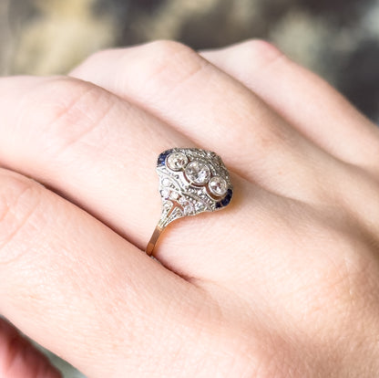 Antique Diamond & Sapphire Ring in 18K Two Tone Gold
