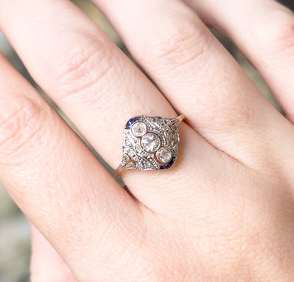 Antique Diamond & Sapphire Ring in 18K Two Tone Gold