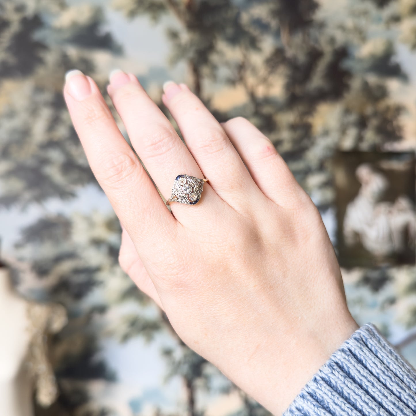 Antique Diamond & Sapphire Ring in 18K Two Tone Gold