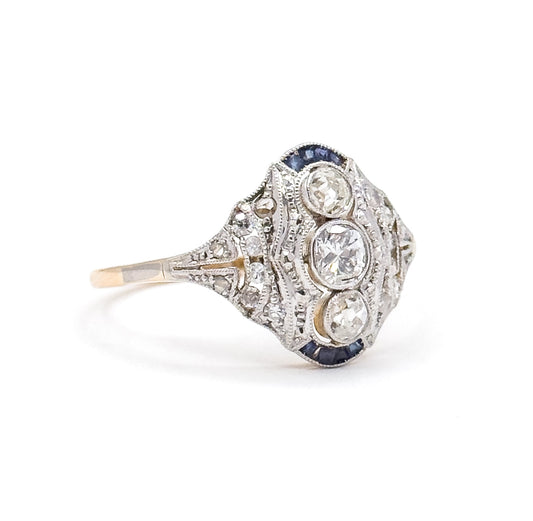 Antique Diamond & Sapphire Ring in 18K Two Tone Gold
