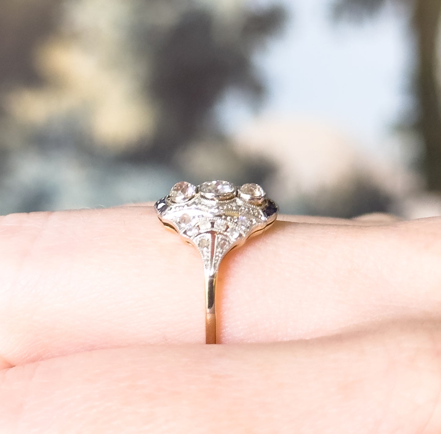 Antique Diamond & Sapphire Ring in 18K Two Tone Gold