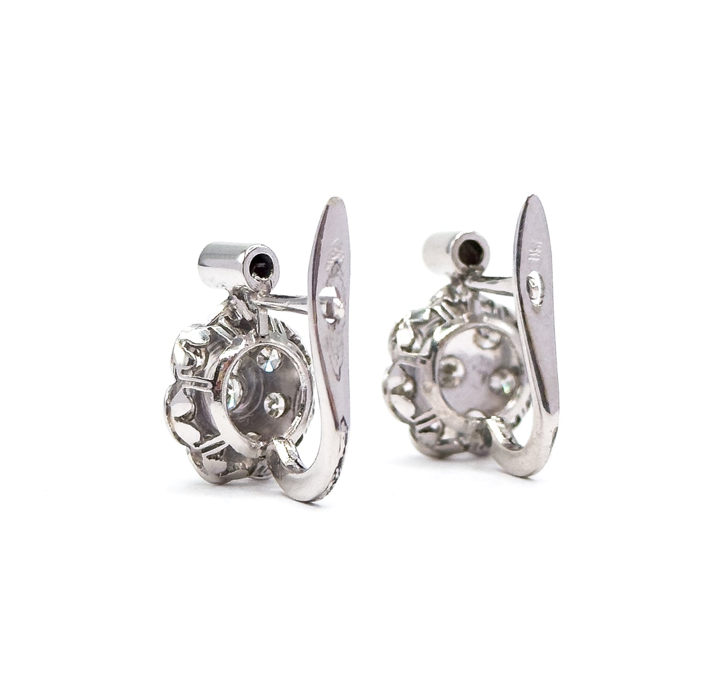 Vintage Diamond Cluster Leverback Stud earrings in 18K White Gold