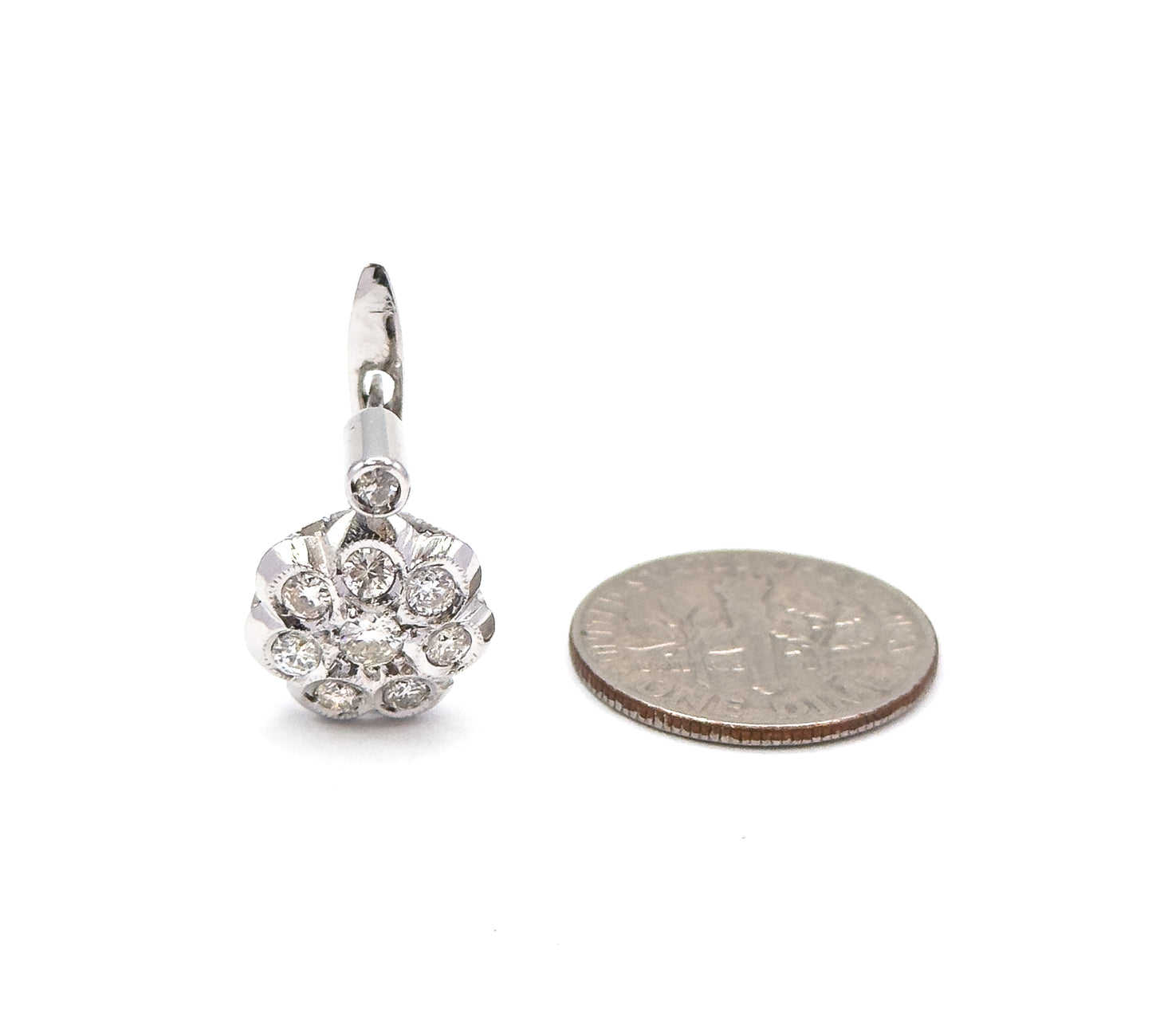 Vintage Diamond Cluster Leverback Stud earrings in 18K White Gold
