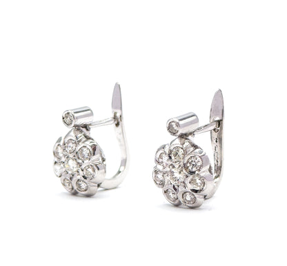 Vintage Diamond Cluster Leverback Stud earrings in 18K White Gold