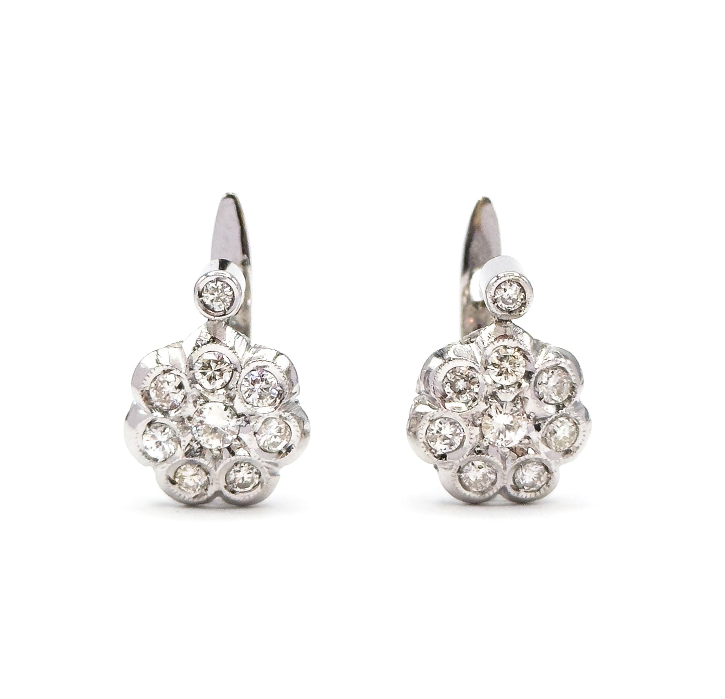Vintage Diamond Cluster Leverback Stud earrings in 18K White Gold