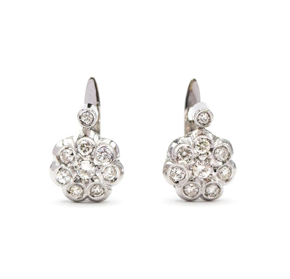 Vintage Diamond Cluster Leverback Stud earrings in 18K White Gold