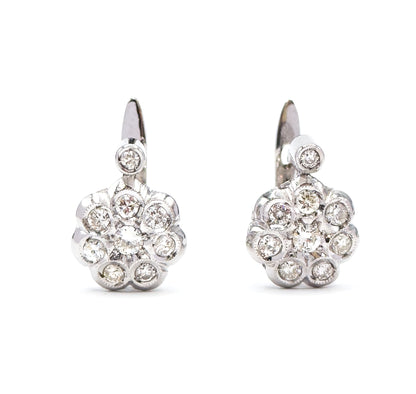 Vintage Diamond Cluster Leverback Stud earrings in 18K White Gold