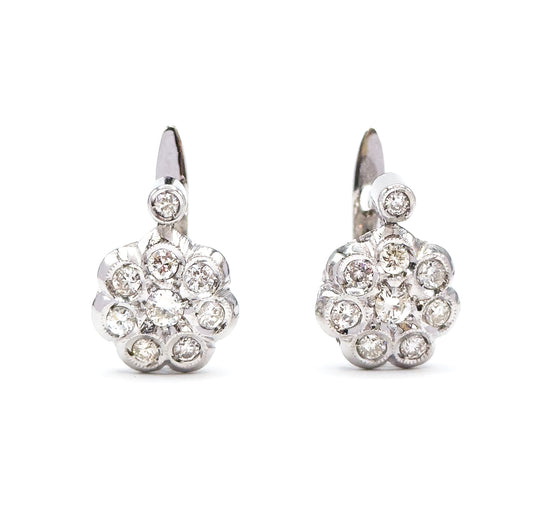 Vintage Diamond Cluster Leverback Stud earrings in 18K White Gold