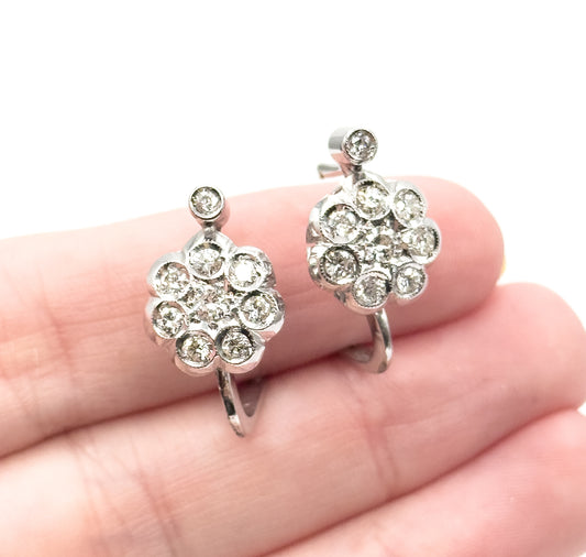 Vintage Diamond Cluster Leverback Stud earrings in 18K White Gold