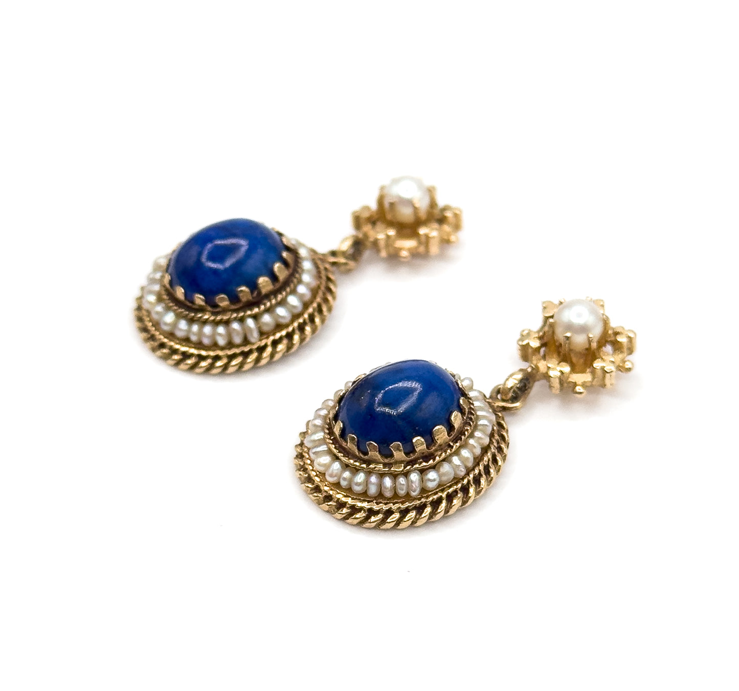 Vintage VIctorian Revival Lapis & Seed Pearl Drop Earrings 14K