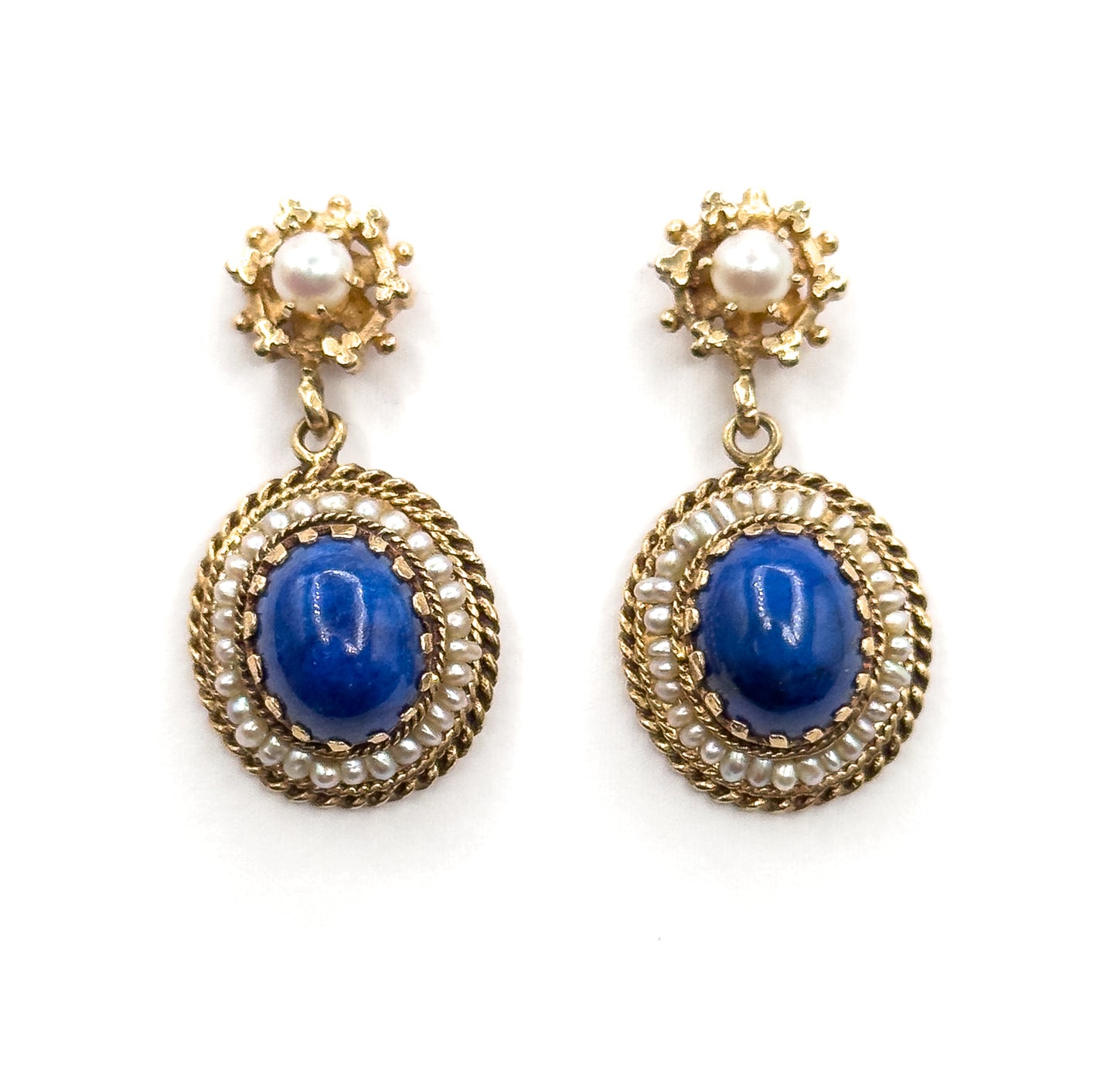 Vintage VIctorian Revival Lapis & Seed Pearl Drop Earrings 14K