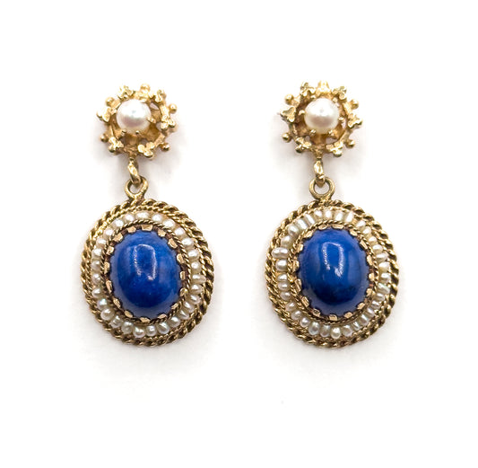 Vintage VIctorian Revival Lapis & Seed Pearl Drop Earrings 14K