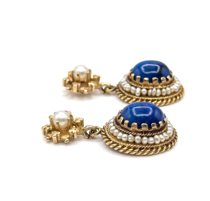 Vintage VIctorian Revival Lapis & Seed Pearl Drop Earrings 14K