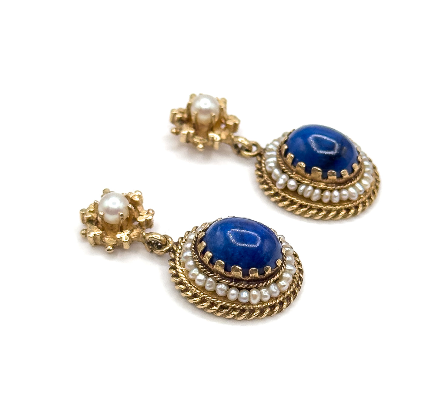 Vintage VIctorian Revival Lapis & Seed Pearl Drop Earrings 14K