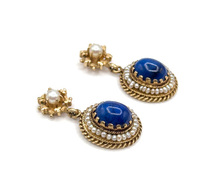 Vintage VIctorian Revival Lapis & Seed Pearl Drop Earrings 14K