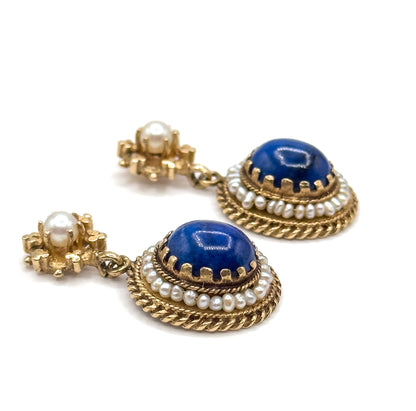 Vintage VIctorian Revival Lapis & Seed Pearl Drop Earrings 14K