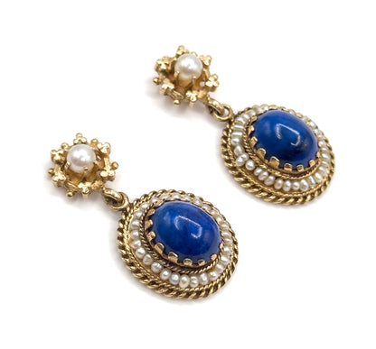 Vintage VIctorian Revival Lapis & Seed Pearl Drop Earrings 14K