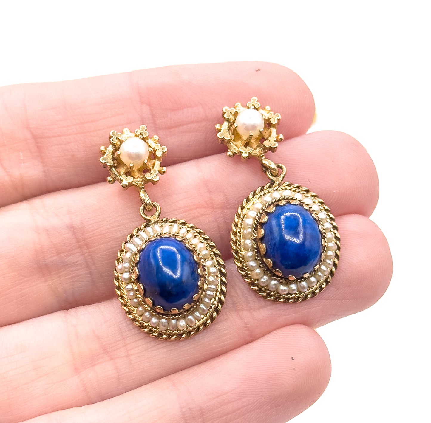 Vintage VIctorian Revival Lapis & Seed Pearl Drop Earrings 14K