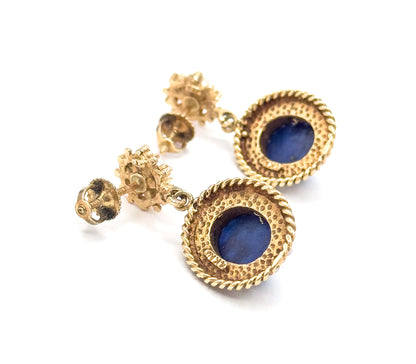 Vintage VIctorian Revival Lapis & Seed Pearl Drop Earrings 14K