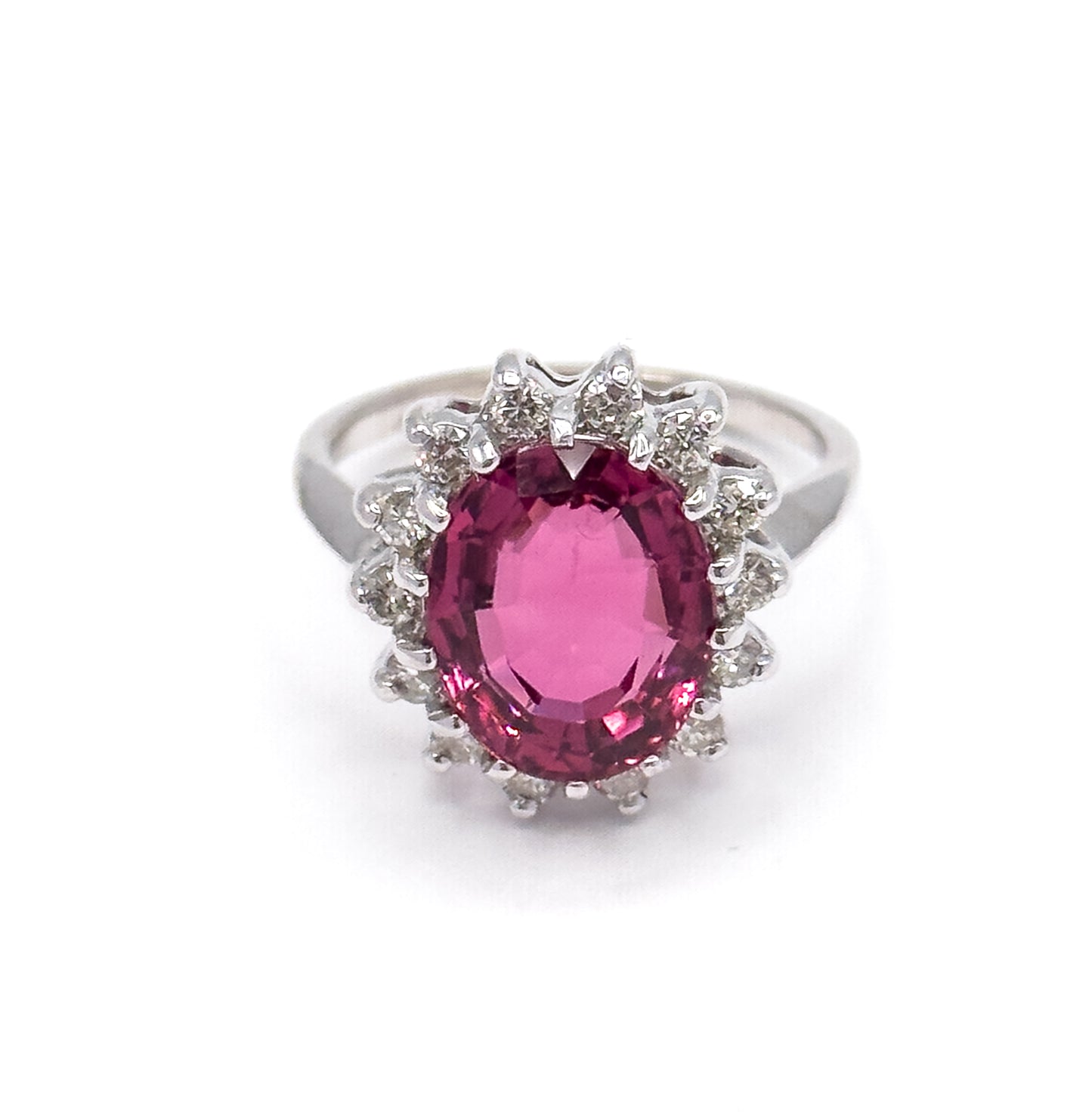 Vintage Pink Tourmaline & Diamond Halo Ring in 14K White Gold