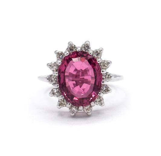 Vintage Pink Tourmaline & Diamond Halo Ring in 14K White Gold