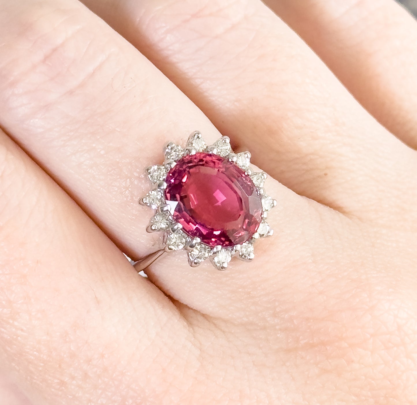 Vintage Pink Tourmaline & Diamond Halo Ring in 14K White Gold