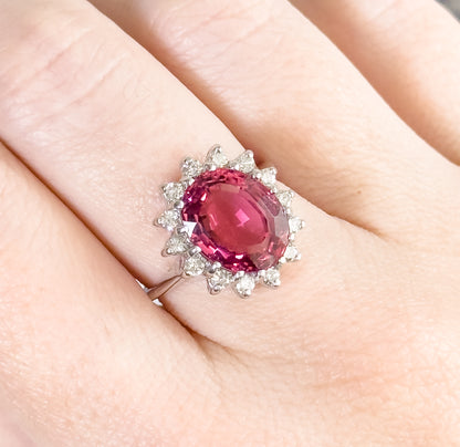 Vintage Pink Tourmaline & Diamond Halo Ring in 14K White Gold