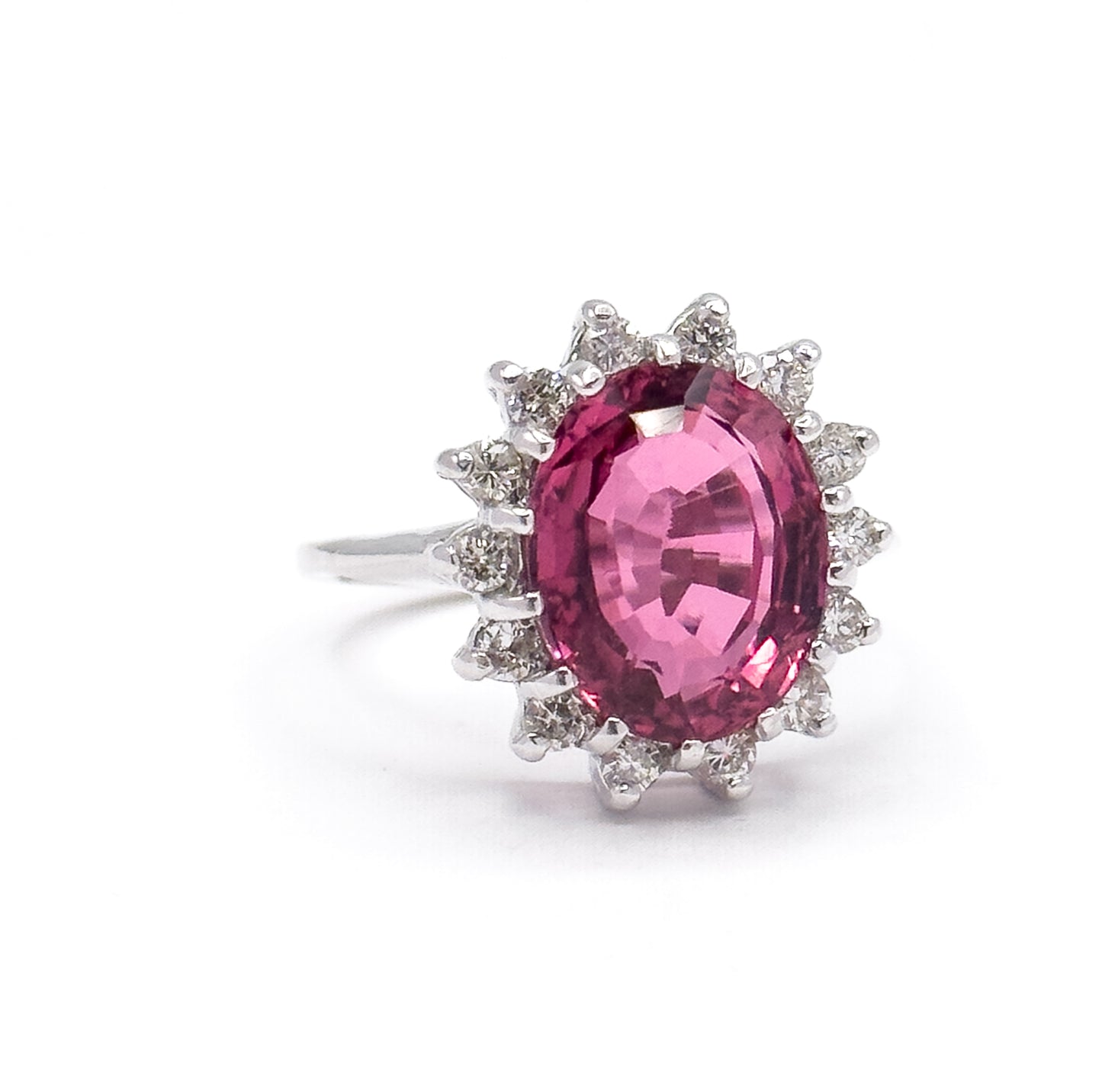 Vintage Pink Tourmaline & Diamond Halo Ring in 14K White Gold