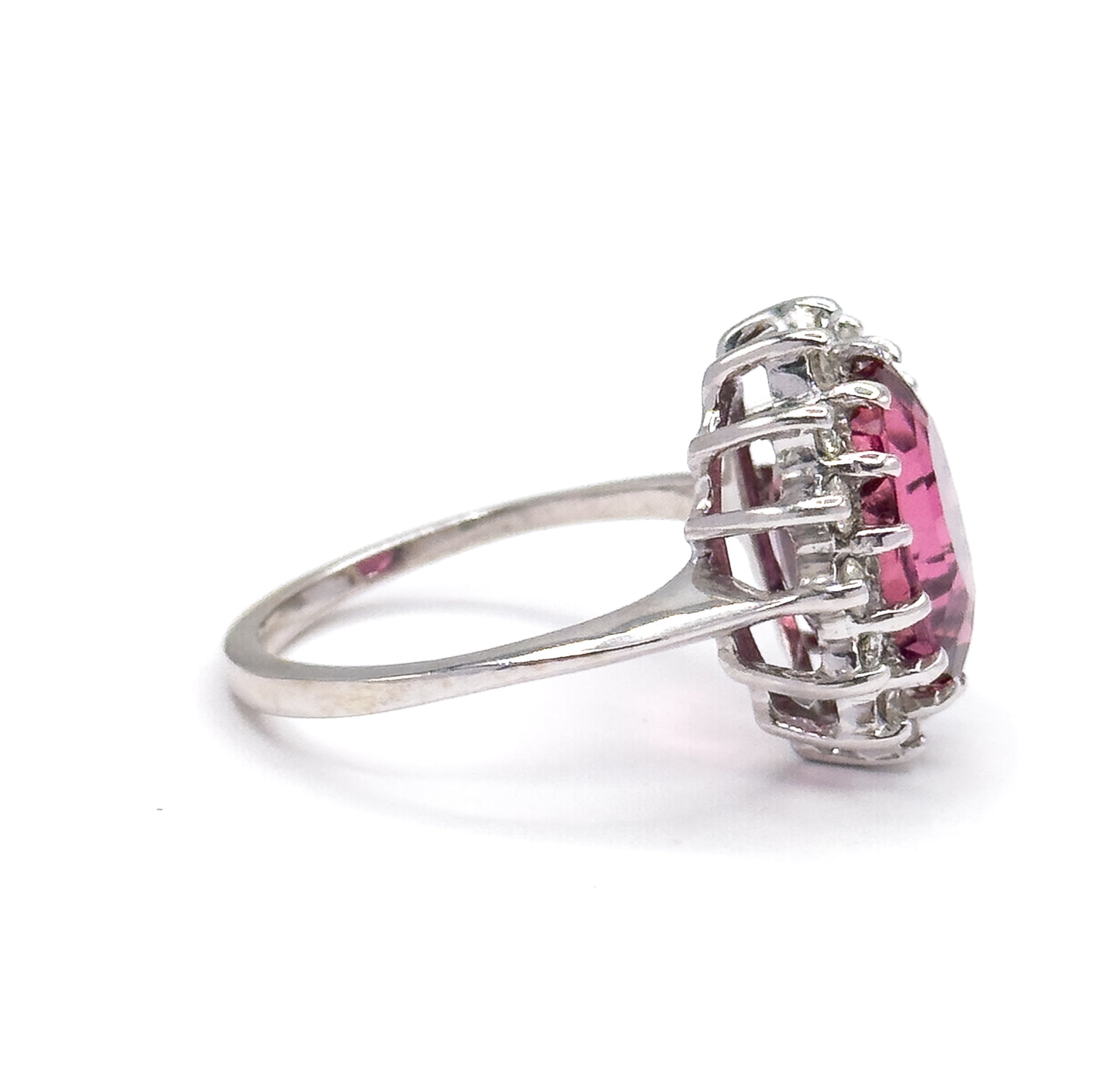 Vintage Pink Tourmaline & Diamond Halo Ring in 14K White Gold