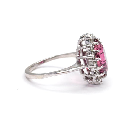 Vintage Pink Tourmaline & Diamond Halo Ring in 14K White Gold