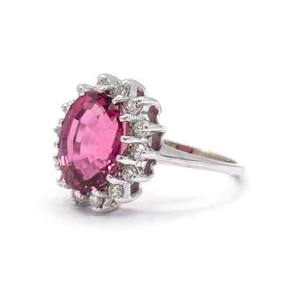 Vintage Pink Tourmaline & Diamond Halo Ring in 14K White Gold